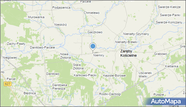 mapa Niemiry, Niemiry gmina Zaręby Kościelne na mapie Targeo